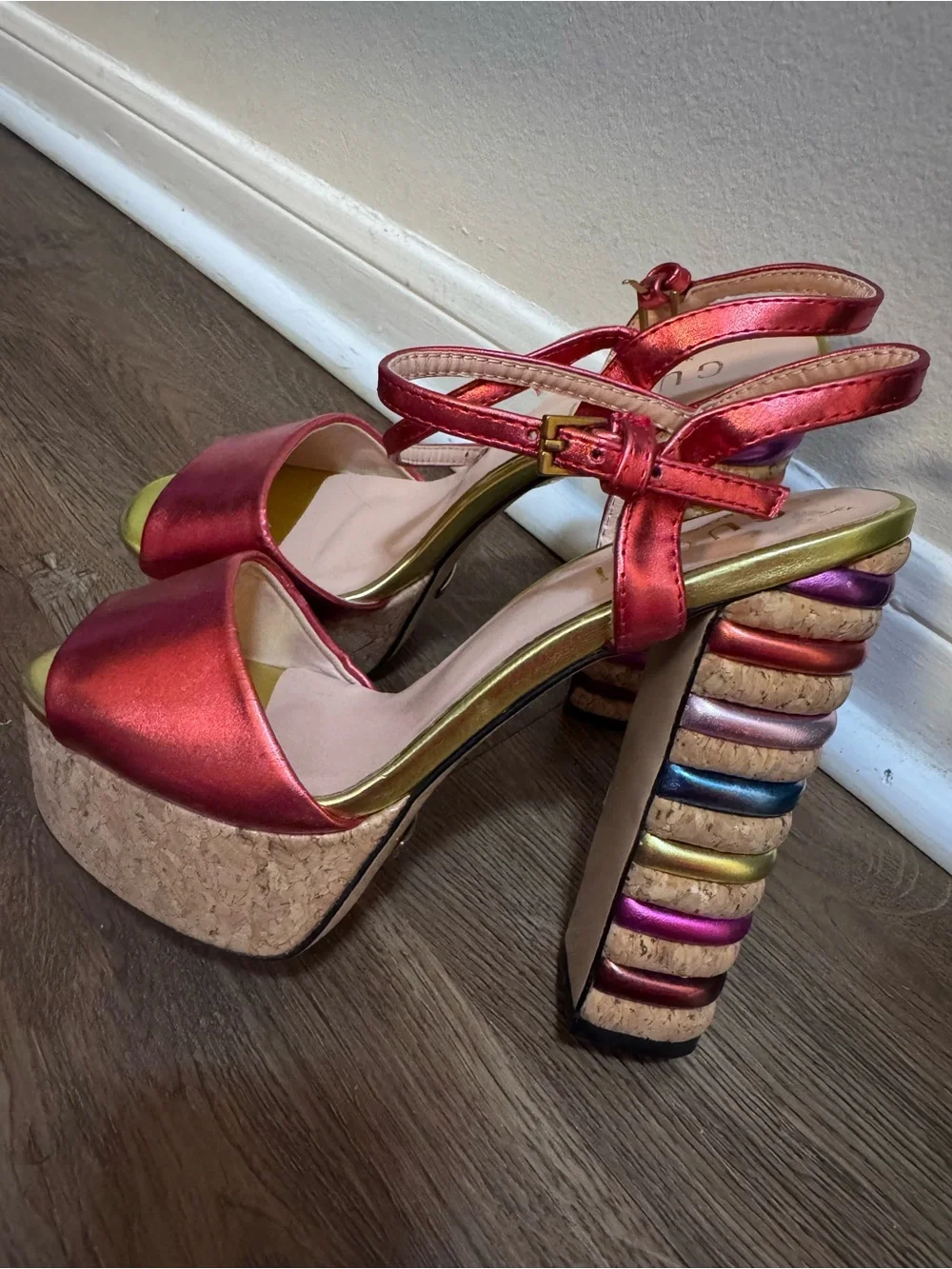 Gucci Metallic Red Platform Sandals with Rainbow Stacked Heel